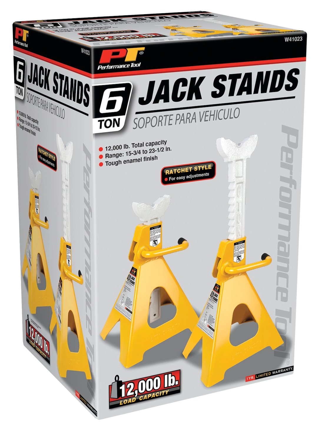 Performance Tool Jack Stand, 6 Ton Capacity, Ratchet Style, 9-5/8 Inch X 10-15/16 Inch Base, 15-1/2 Inch Minimum Height – W41023