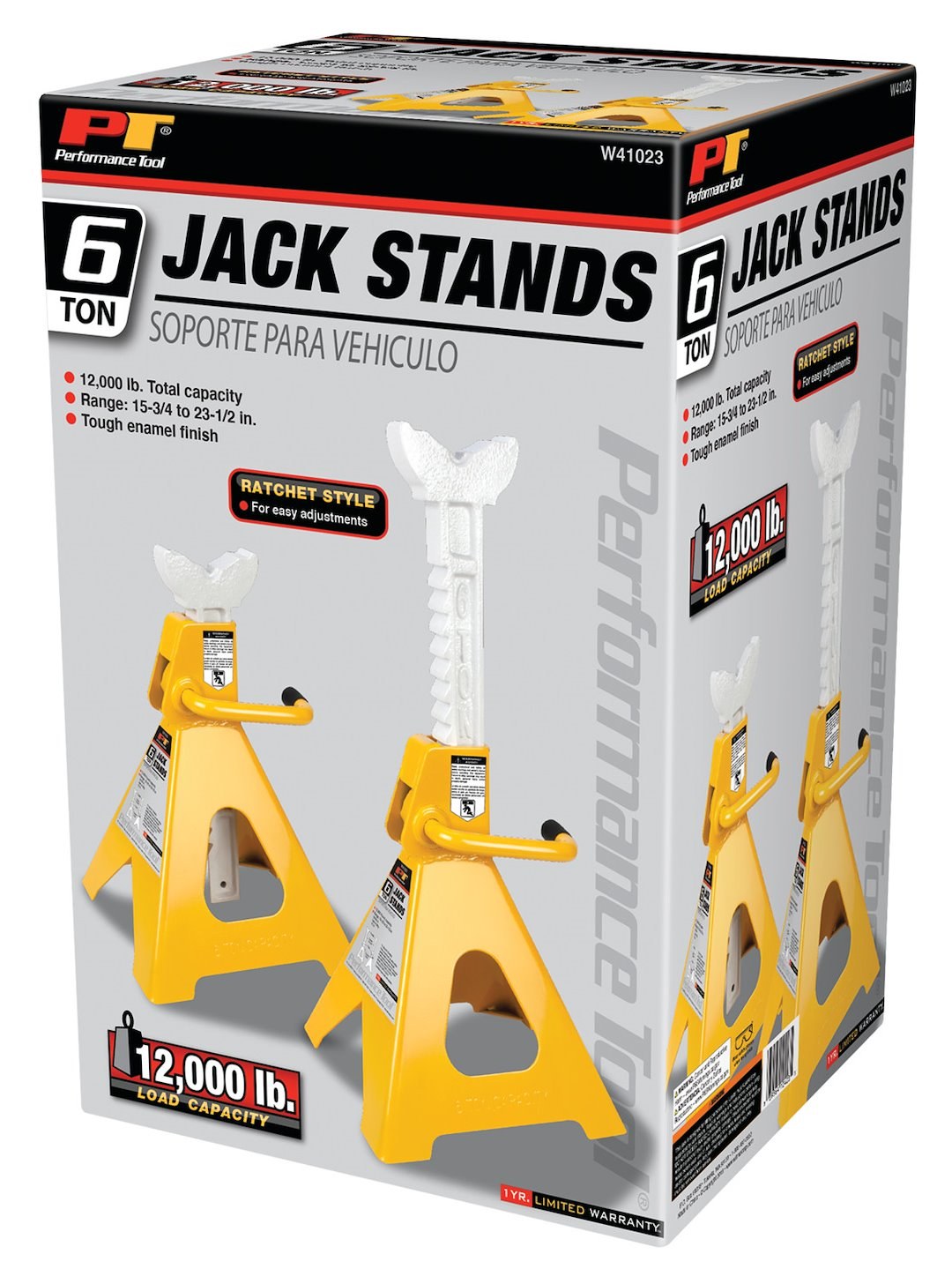Performance Tool Jack Stand, 6 Ton Capacity, Ratchet Style, 9-5/8 Inch X 10-15/16 Inch Base, 15-1/2 Inch Minimum Height – W41023