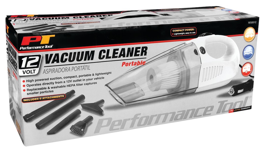Performance Tool Vacuum Cleaner, 5 to 7 Ampere, 12 Volt DC, 80 to 100 Watts, 11-1/2 Inch Extension Hose, 4 Meter Cord – W50012