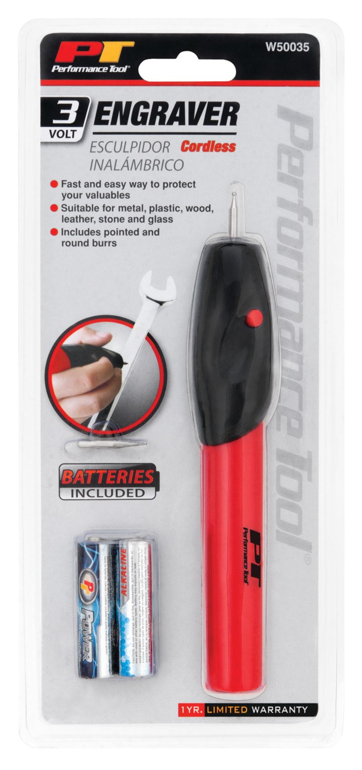 Performance Tool Engraver, Use to Engrave on Metal/ Wood/ Plastic and Glass, 3 Volt, Cordless, Aa Battery Powered – W50035