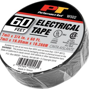 Performance Tool Electrical Tape, Used for Electrical Cable Insulation/ Electrical Wire Bundling, Roll, 3/4 Inch Width X 60 Foot Length, Black – W502
