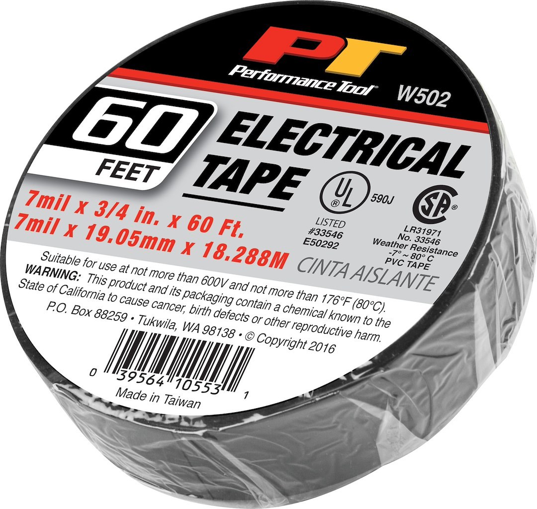 Performance Tool Electrical Tape, Used for Electrical Cable Insulation/ Electrical Wire Bundling, Roll, 3/4 Inch Width X 60 Foot Length, Black – W502