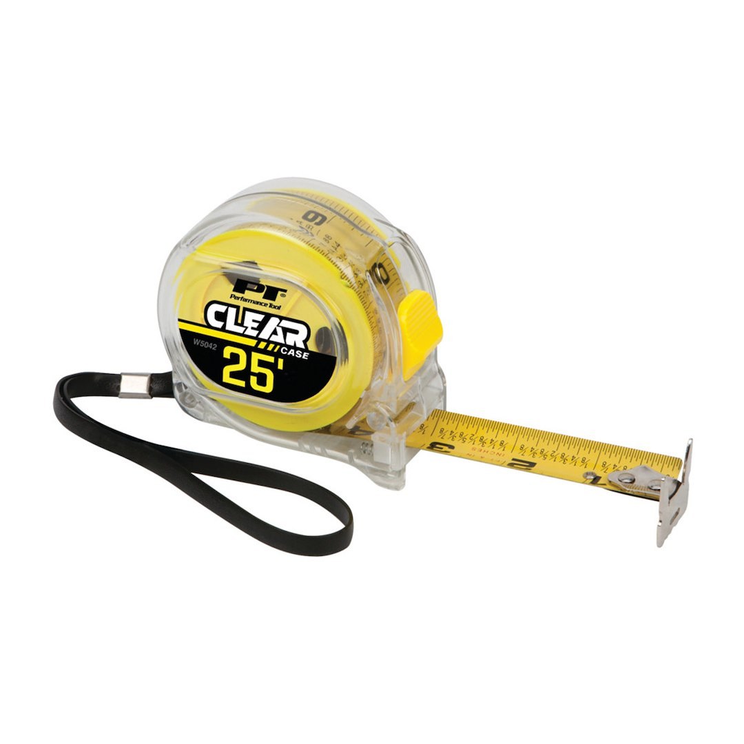 Performance Tool Tape Measure, Clear Polycarbonate Housing, 25 Foot Length, With Double Sided Hook/ Belt Hook and Wrist Strap – W5041