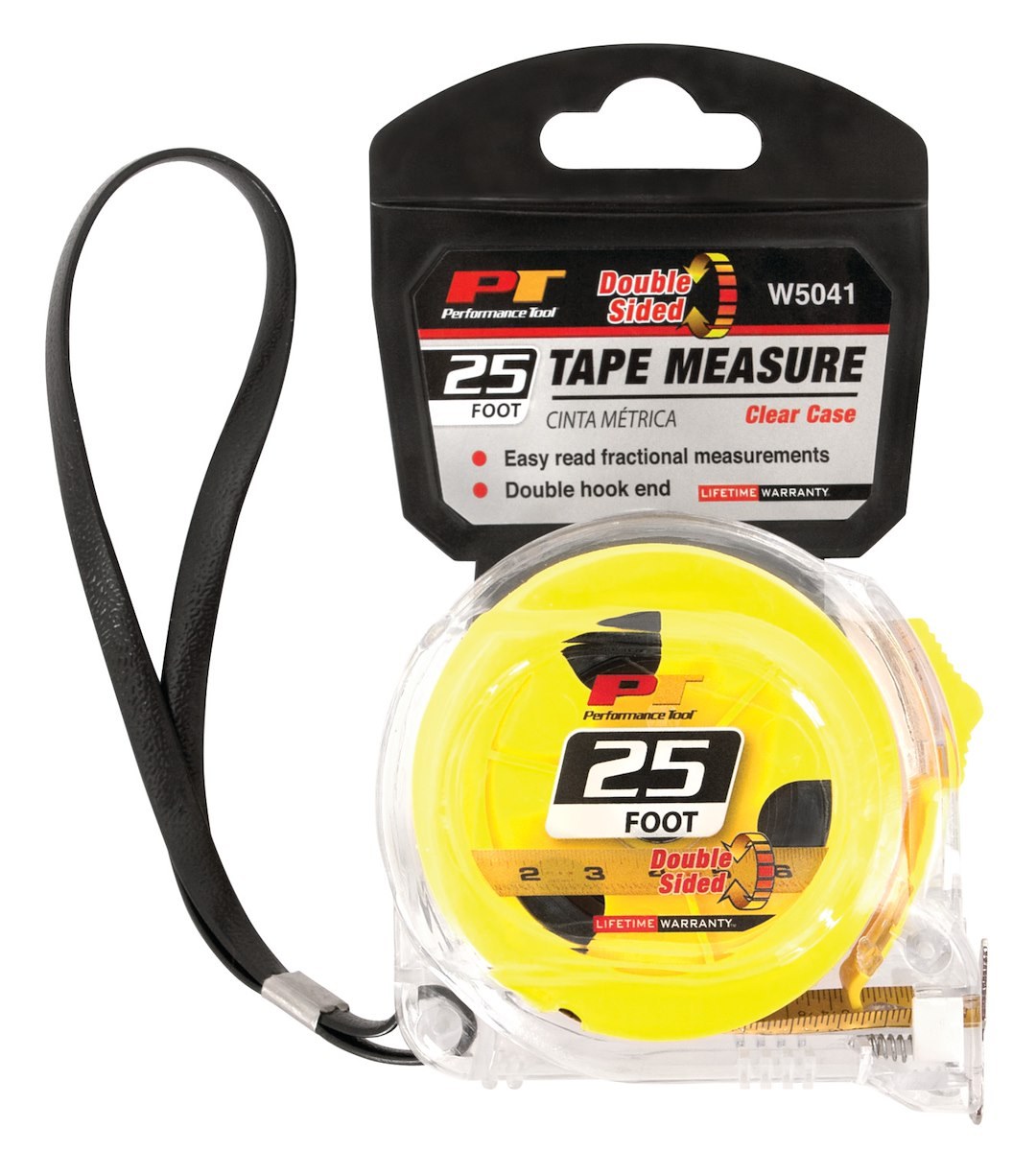 Performance Tool Tape Measure, Clear Polycarbonate Housing, 25 Foot Length, With Double Sided Hook/ Belt Hook and Wrist Strap – W5041