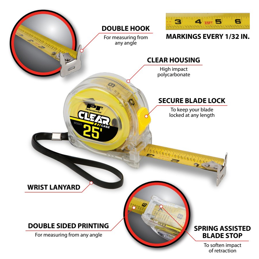 Performance Tool Tape Measure, Clear Polycarbonate Housing, 25 Foot Length, With Double Sided Hook/ Belt Hook and Wrist Strap – W5041