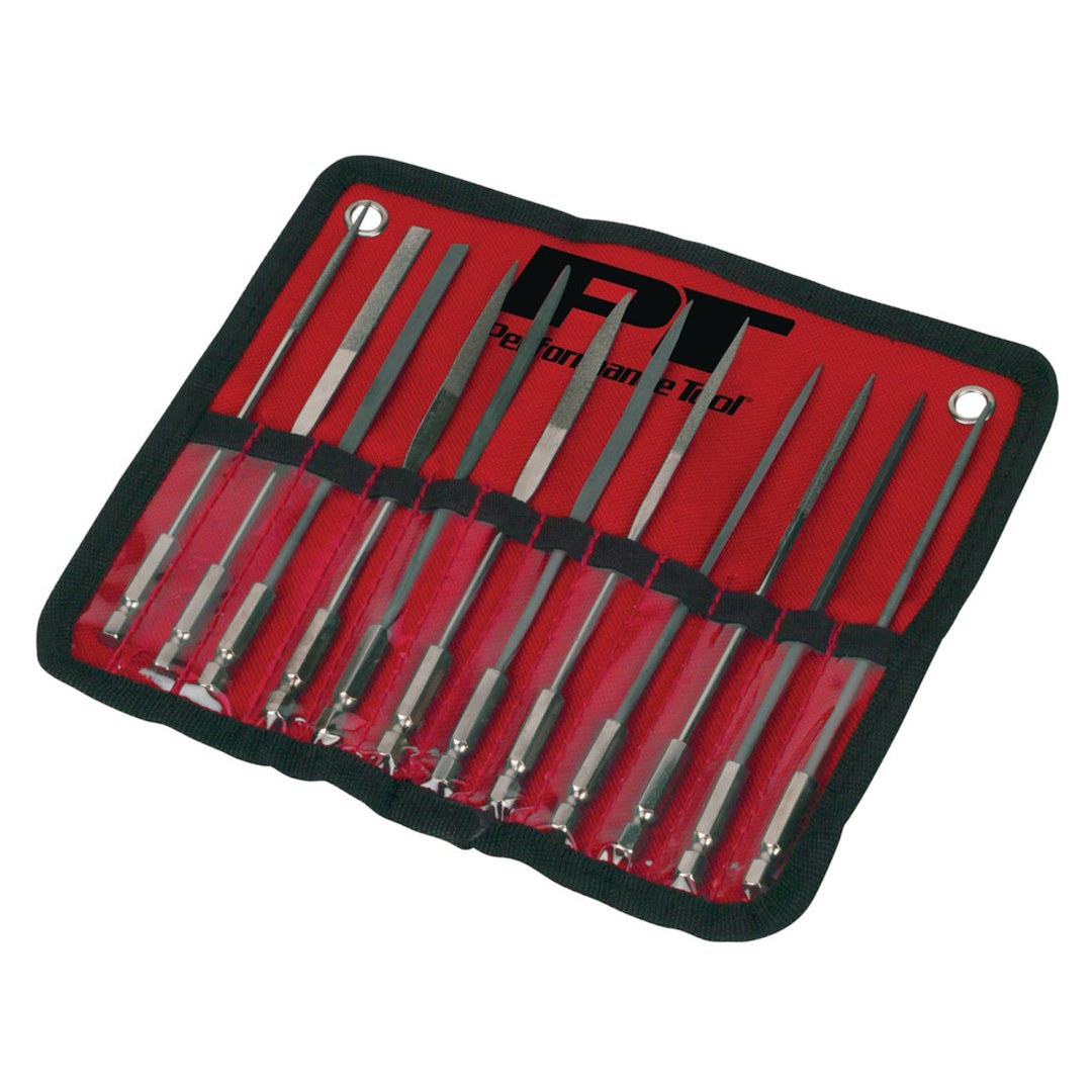 Performance Tool Metal File, Micro File Set, 1/4 Inch Hex Shank, Non-Slip Molded Handle, Set of 12 – W5391