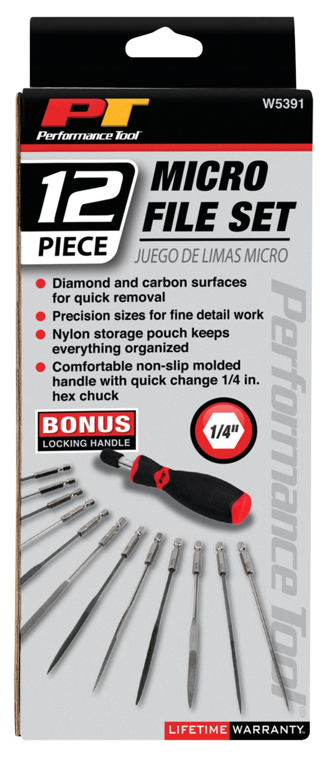Performance Tool Metal File, Micro File Set, 1/4 Inch Hex Shank, Non-Slip Molded Handle, Set of 12 – W5391