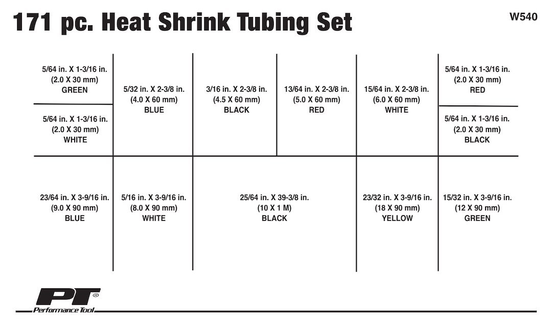 Performance Tool Heat Shrink Tubing Assortment, Polyolefin Tubing, With 1-3/16 to 39-3/8 Inch Length Tubes/ Two-Tier Folding Case – W540