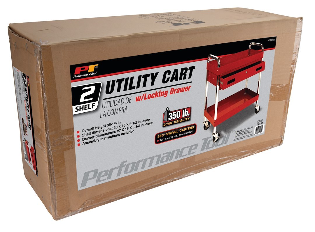 Performance Tool Tool Cart, 350 Pound Capacity, Red, Steel, 2 Trays, 1 Drawer, 4 Wheels – W54004