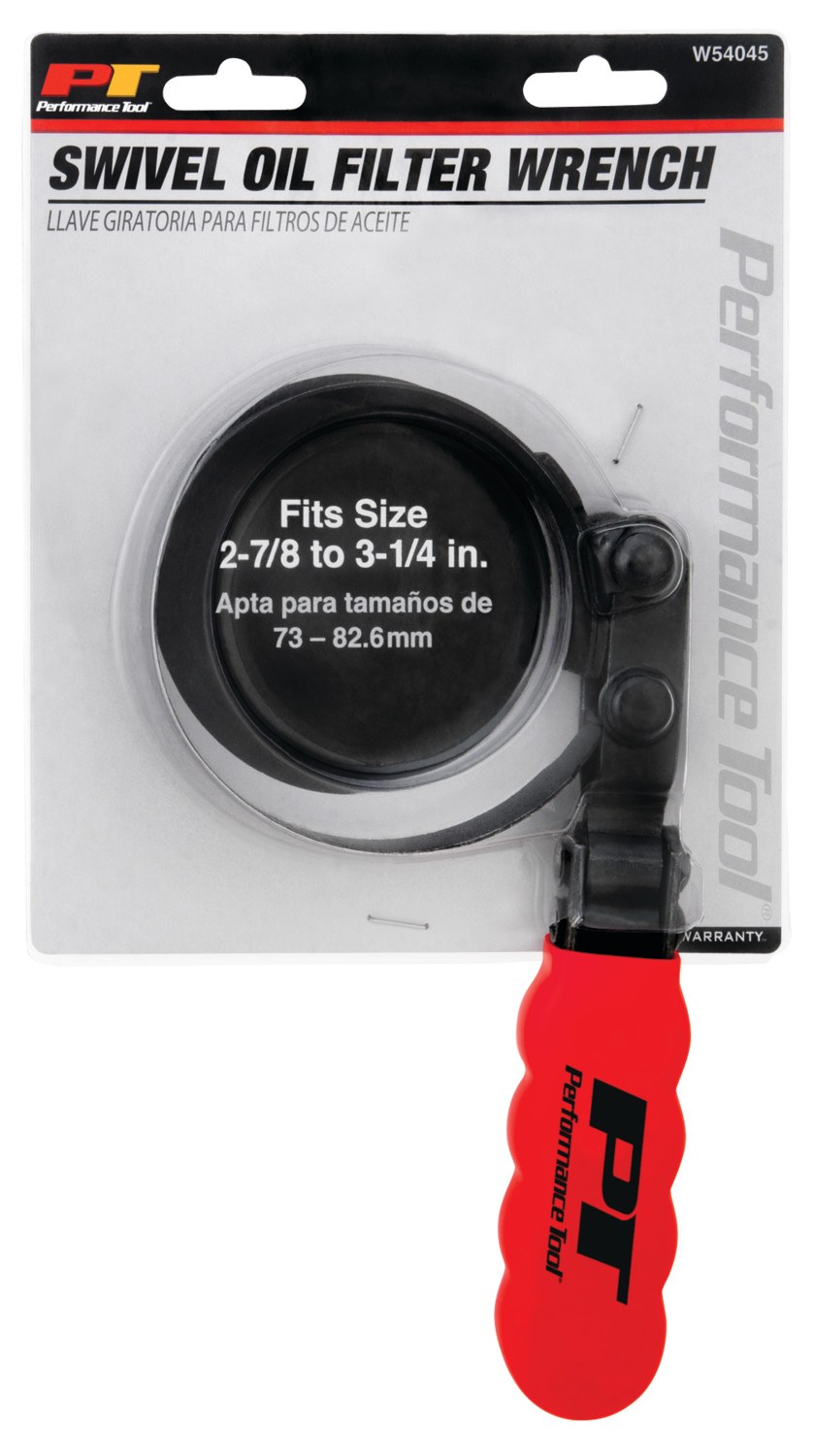 Performance Tool Oil Filter Wrench, Fits Spin on Type Filters, Band Type, 2-7/8 to 3-1/4 Inch Size, Vinyl Grip Handles – W54045