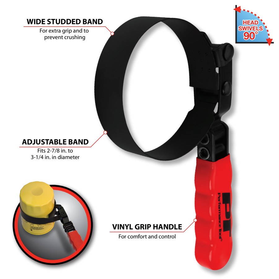 Performance Tool Oil Filter Wrench, Fits Spin on Type Filters, Band Type, 2-7/8 to 3-1/4 Inch Size, Vinyl Grip Handles – W54045