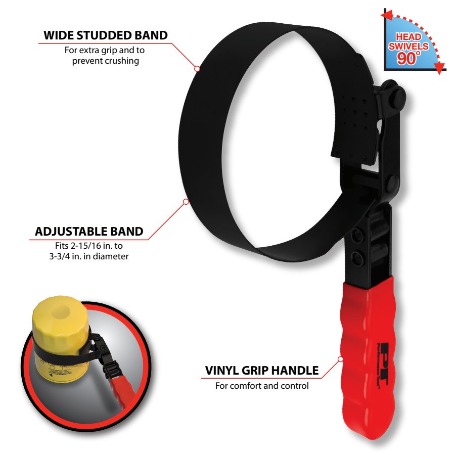 Performance Tool Oil Filter Wrench, Fits Spin on Type Filters, Band Type, 2-15/16 to 3-3/4 Inch Size, Vinyl Grip Handles – W54046