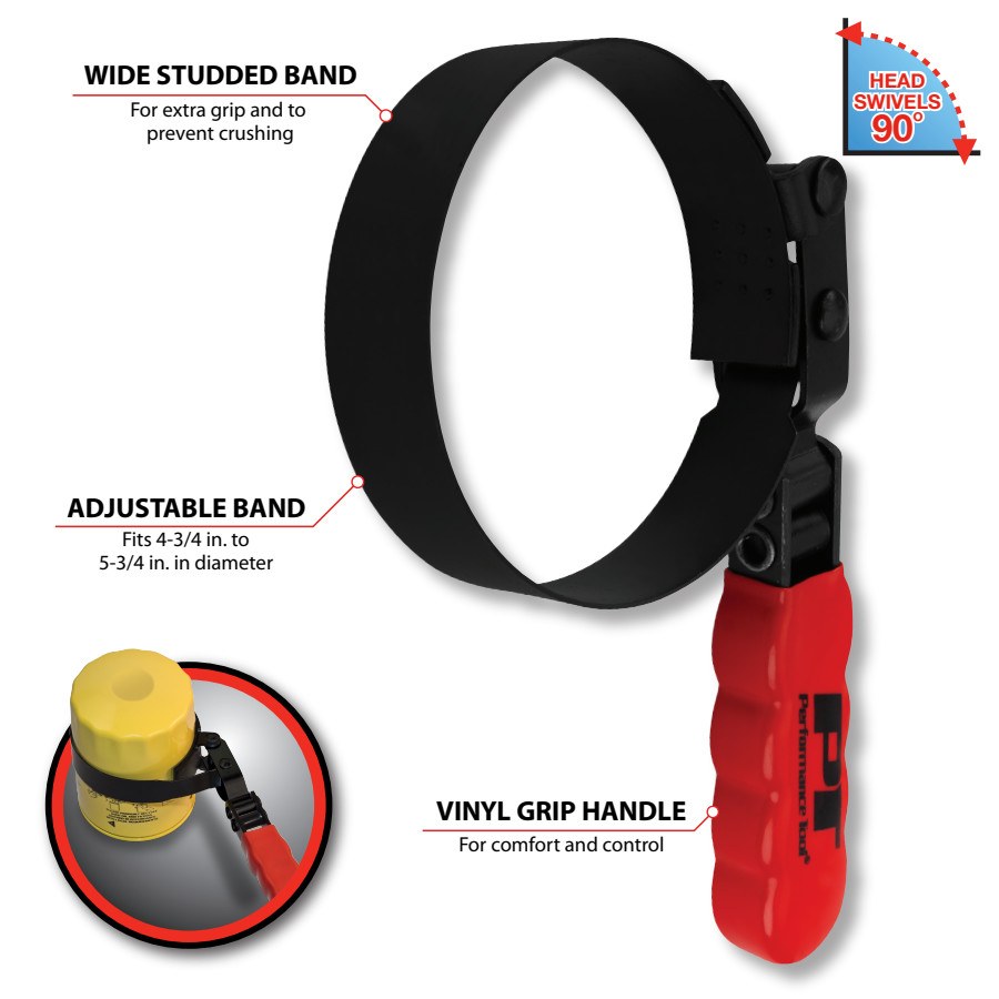 Performance Tool Oil Filter Wrench, Fits Spin on Type Filters, Band Type, 3-1/2 to 3-7/8 Inch Size, Vinyl Grip Handles – W54047