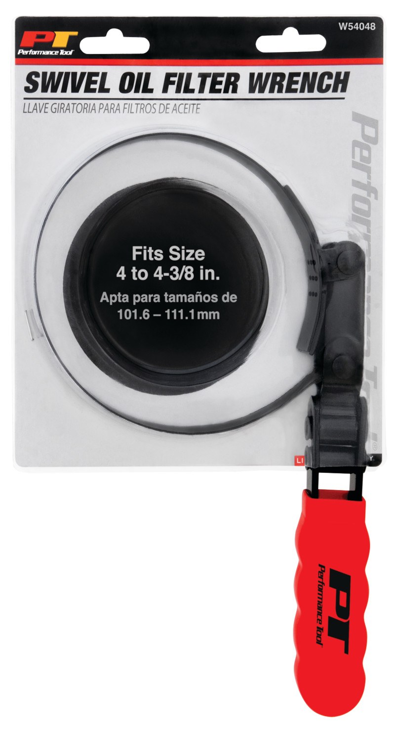 Performance Tool Oil Filter Wrench, Fits Spin on Type Filters, Band Type, 4 to 4-3/8 Inch Size, Vinyl Grip Handles – W54048