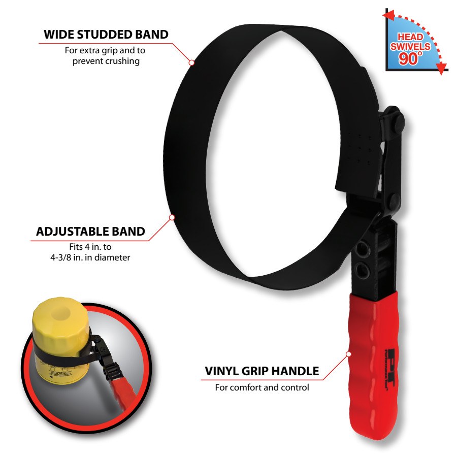 Performance Tool Oil Filter Wrench, Fits Spin on Type Filters, Band Type, 4 to 4-3/8 Inch Size, Vinyl Grip Handles – W54048