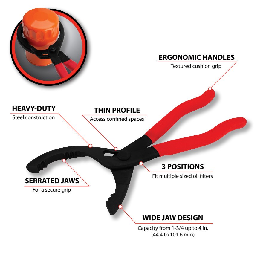 Performance Tool Pliers, Oil Filter, Small, Fits 1-3/4 to 4 Inch Diameter Filter – W54057