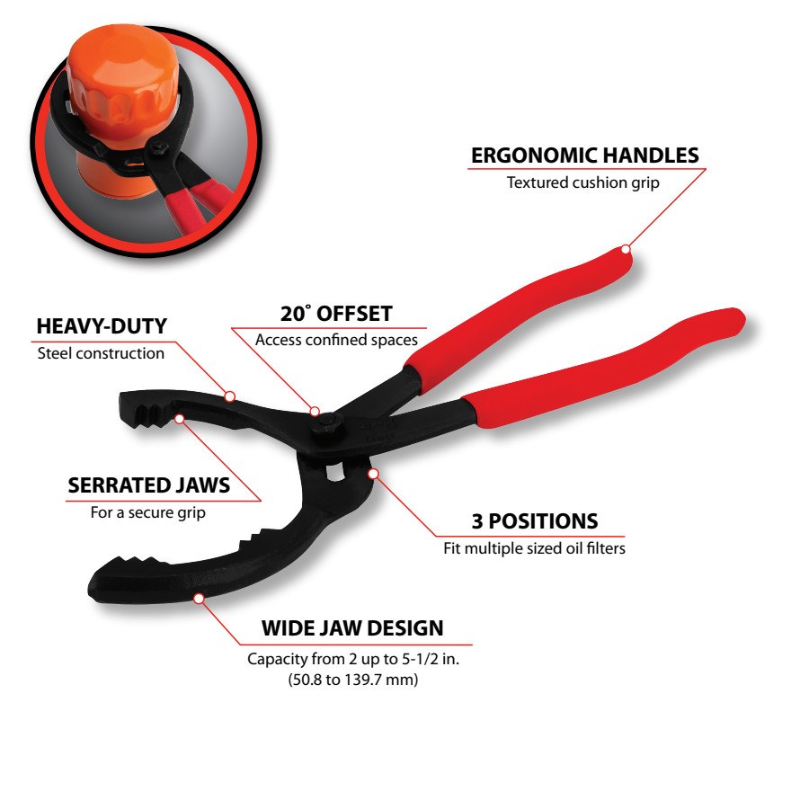 Performance Tool Pliers, Oil Filter, Large, Fits 2 to 5-1/2 Inch Diameter Filter – W54058
