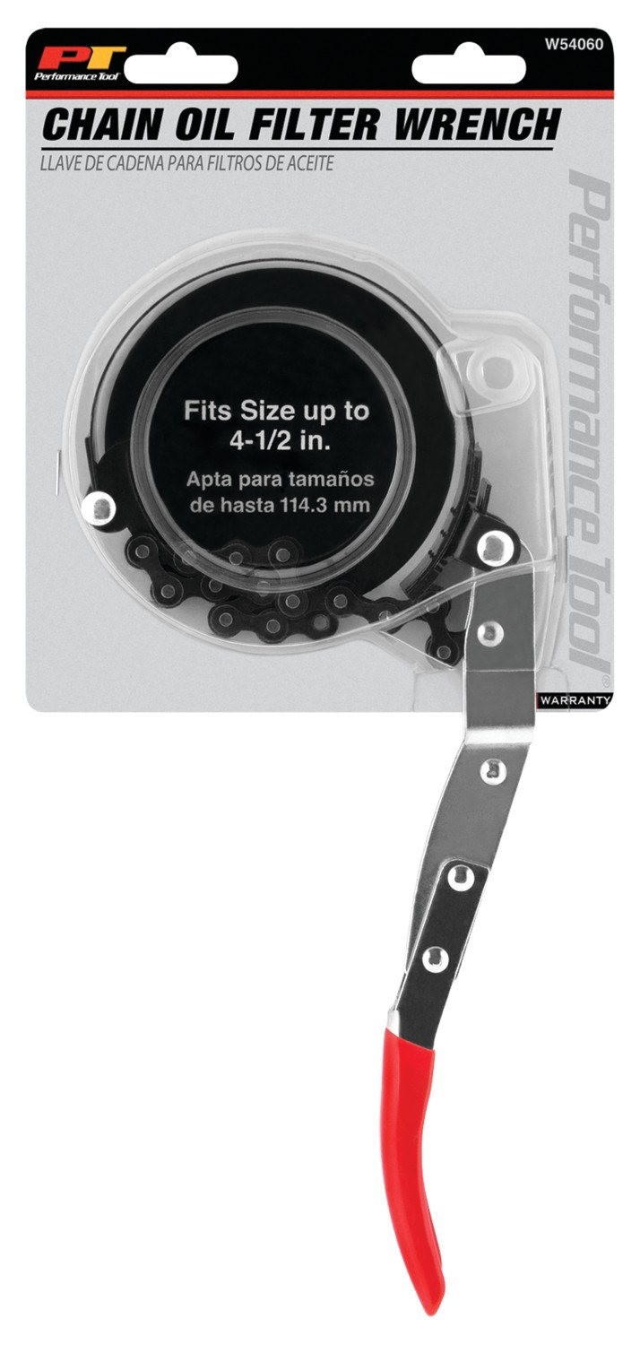 Performance Tool Oil Filter Wrench, Fits Filters Up to 4-1/2 Inch, Chain Type, Steel Chain and Vinyl Grip Handle – W54060