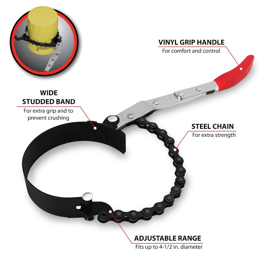 Performance Tool Oil Filter Wrench, Fits Filters Up to 4-1/2 Inch, Chain Type, Steel Chain and Vinyl Grip Handle – W54060