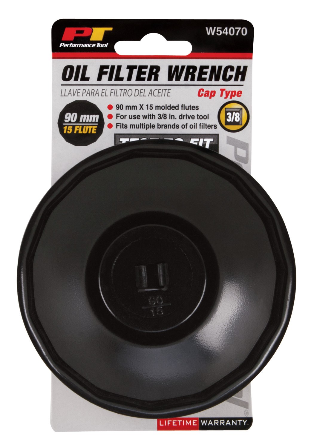 Performance Tool Oil Filter Wrench, Fits Multiple Brands of Oil Filters, Cap Type, 90 Millimeter Size, 3/8 Inch Drive, Black, Steel – W54070