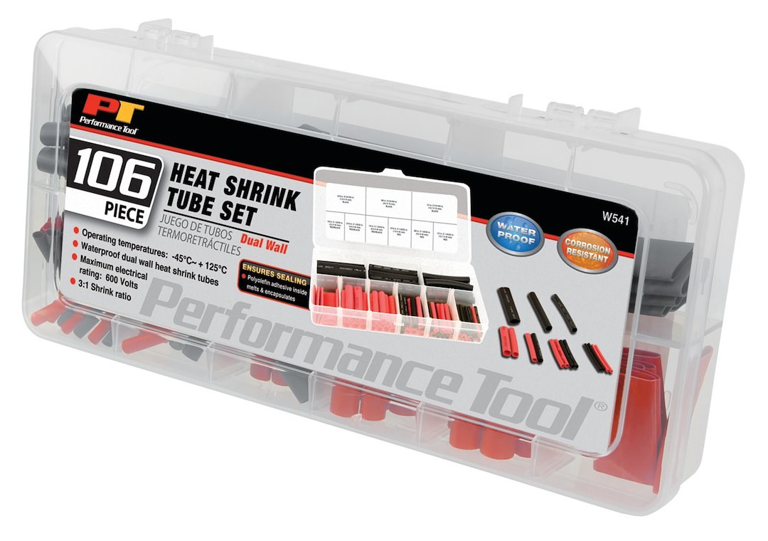 Performance Tool Heat Shrink Tubing Assortment, Polyolefin Tubing, With Storage Case, Total of 106 Pieces – W541