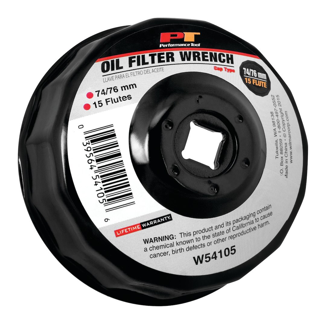Performance Tool Oil Filter Wrench, Fits Multiple Brands of Oil Filters, Cap Type, 74/76 Millimeter Size, 3/8 Inch Drive, Black, Steel – W54105