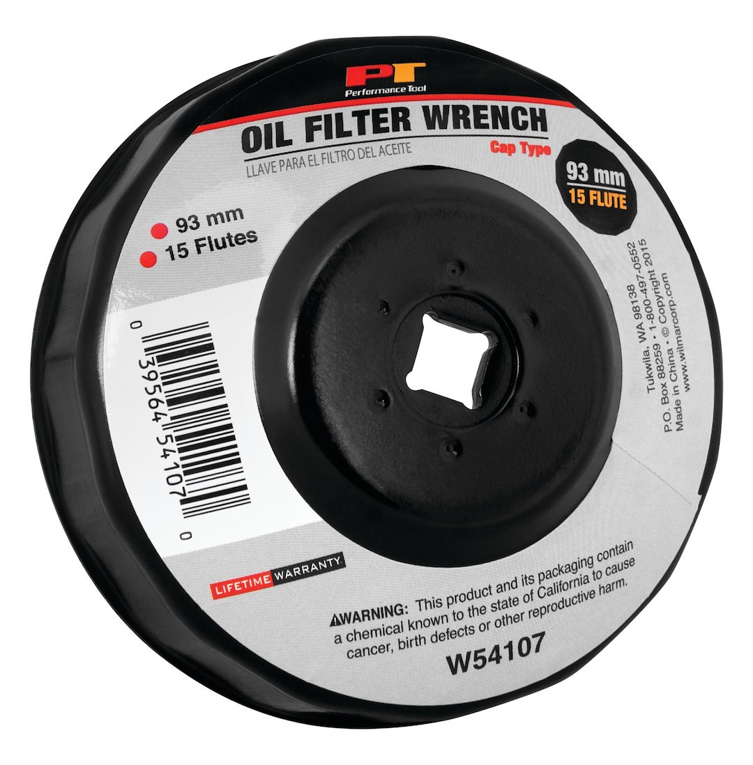 Performance Tool Oil Filter Wrench, Fits Multiple Brands of Oil Filters, Cap Type, 93 Millimeter Size, 3/8 Inch Drive, Black, Steel – W54107