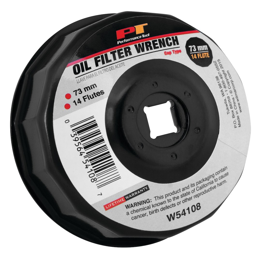 Performance Tool Oil Filter Wrench, Fits Multiple Brands of Oil Filters, Cap Type, 73 Millimeter Size, 3/8 Inch Drive, Black, Steel – W54108