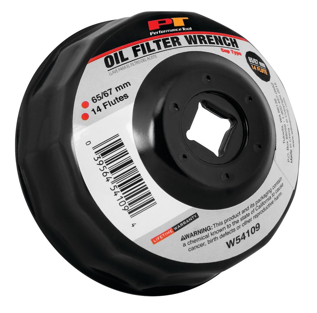 Performance Tool Oil Filter Wrench, Fits Multiple Brands of Oil Filters, Cap Type, 65/67 Millimeter Size, 3/8 Inch Drive, Black, Steel – W54109