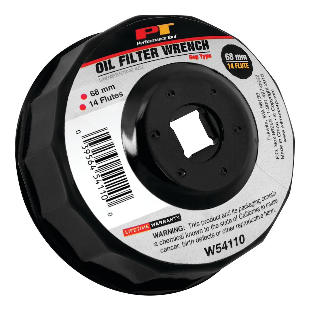 Performance Tool Oil Filter Wrench, Fits Multiple Brands of Oil Filters, Cap Type, 68 Millimeter Size, 3/8 Inch Drive, Black, Steel – W54110