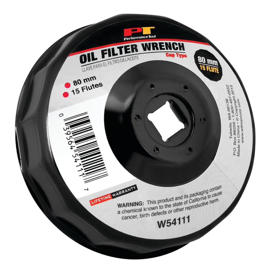 Performance Tool Oil Filter Wrench, Fits Multiple Brands of Oil Filters, Cap Type, 80 Millimeter Size, 3/8 Inch Drive, Black, Steel – W54111