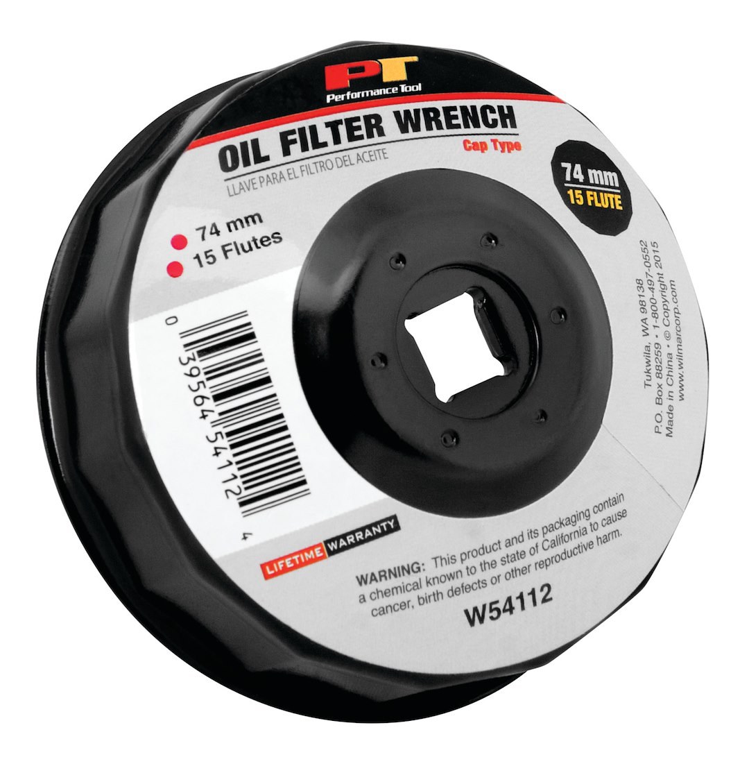 Performance Tool Oil Filter Wrench, Fits Multiple Brands of Oil Filters, Cap Type, 74 Millimeter Size, 3/8 Inch Drive, Black, Steel – W54112
