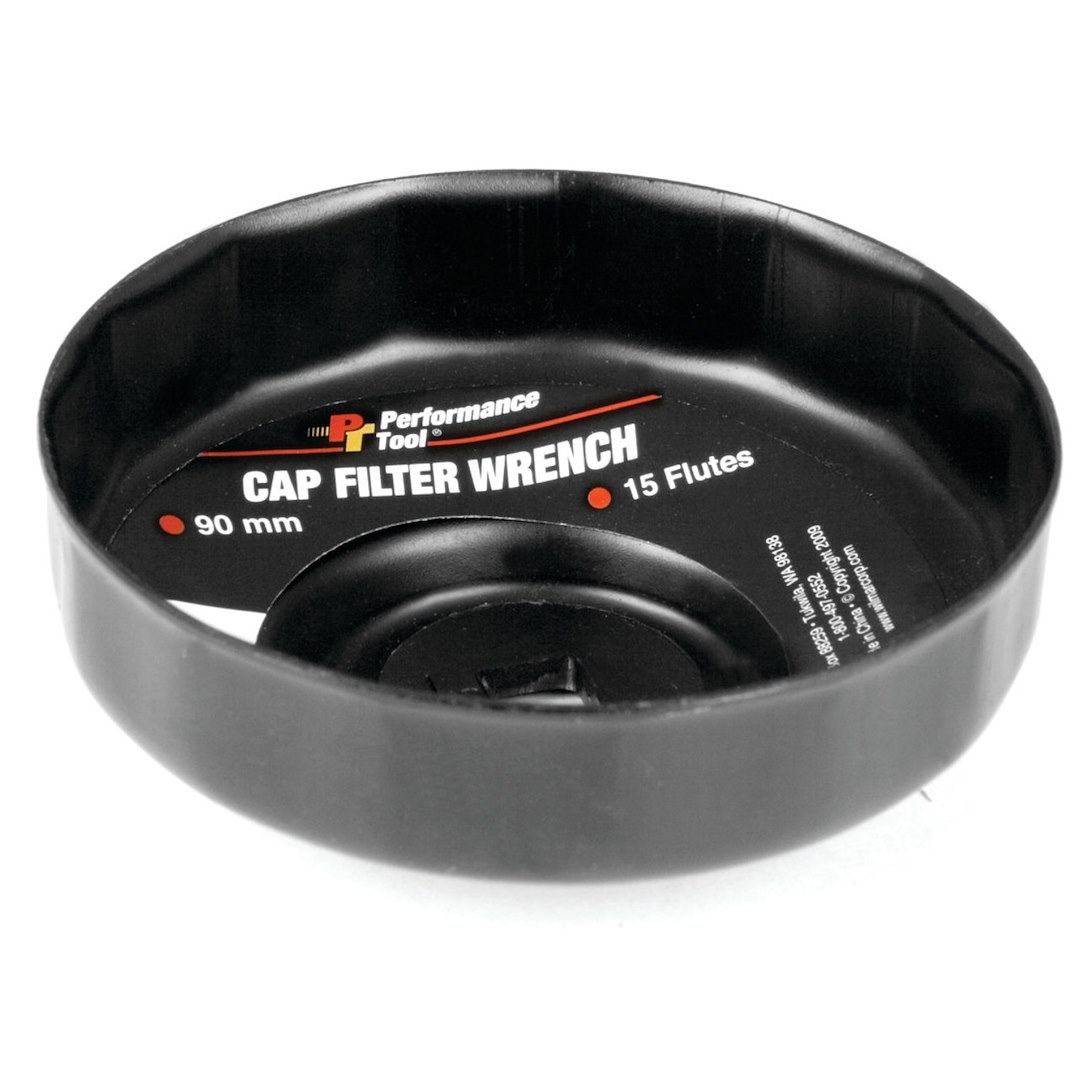 Performance Tool Oil Filter Wrench, Fits Multiple Brands of Oil Filters, Cap Type, 90 Millimeter Size, 3/8 Inch Drive, Black, Steel – W54113