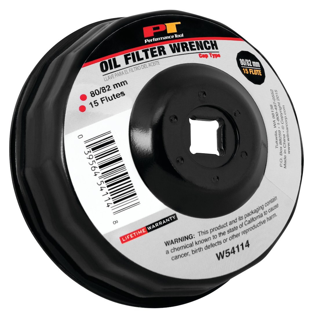 Performance Tool Oil Filter Wrench, Fits Multiple Brands of Oil Filters, Cap Type, 80/82 Millimeter Size, 3/8 Inch Drive, Black, Steel – W54114