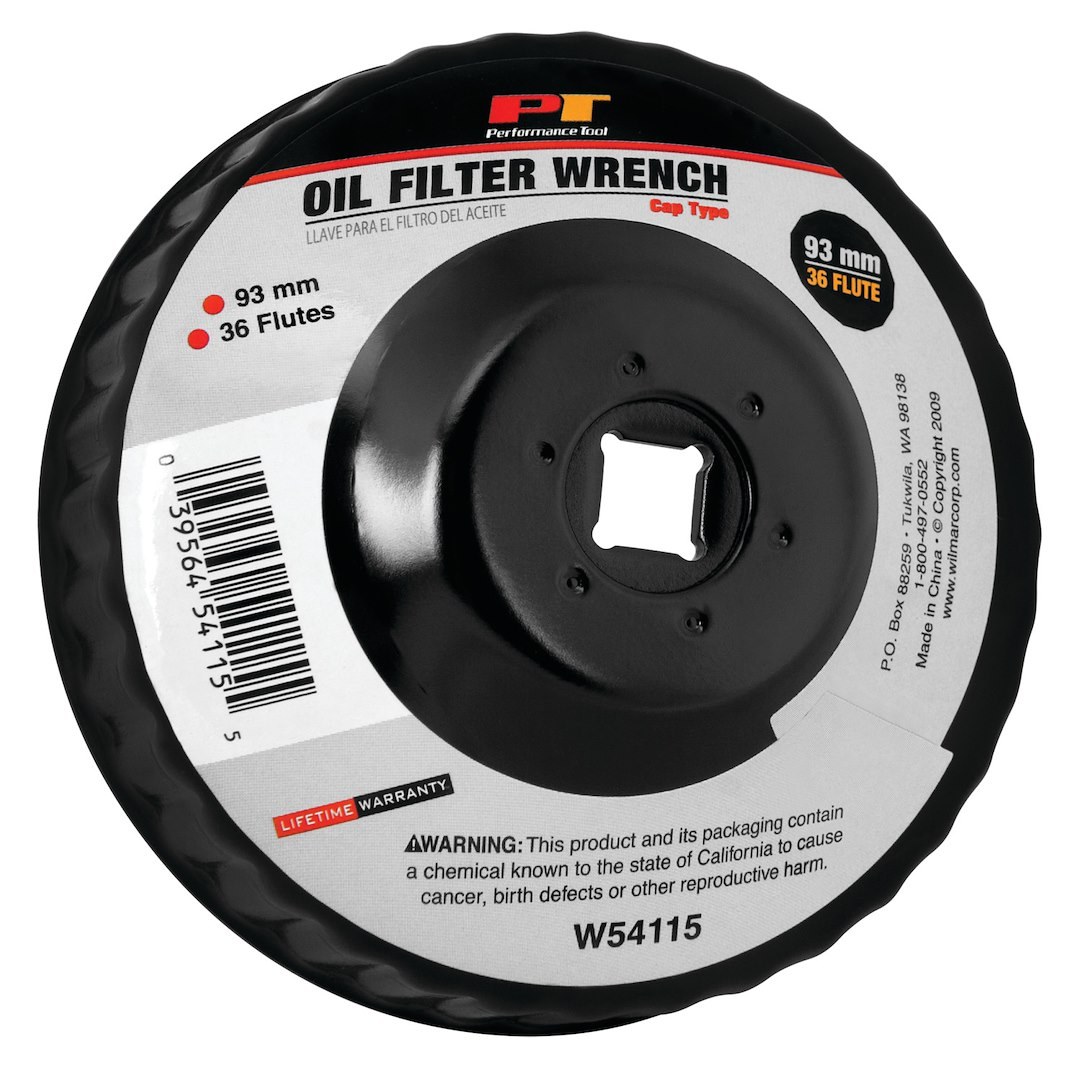 Performance Tool Oil Filter Wrench, Fits Multiple Brands of Oil Filters, Cap Type, 93 Millimeter Size, 3/8 Inch Drive, Black, Steel – W54115