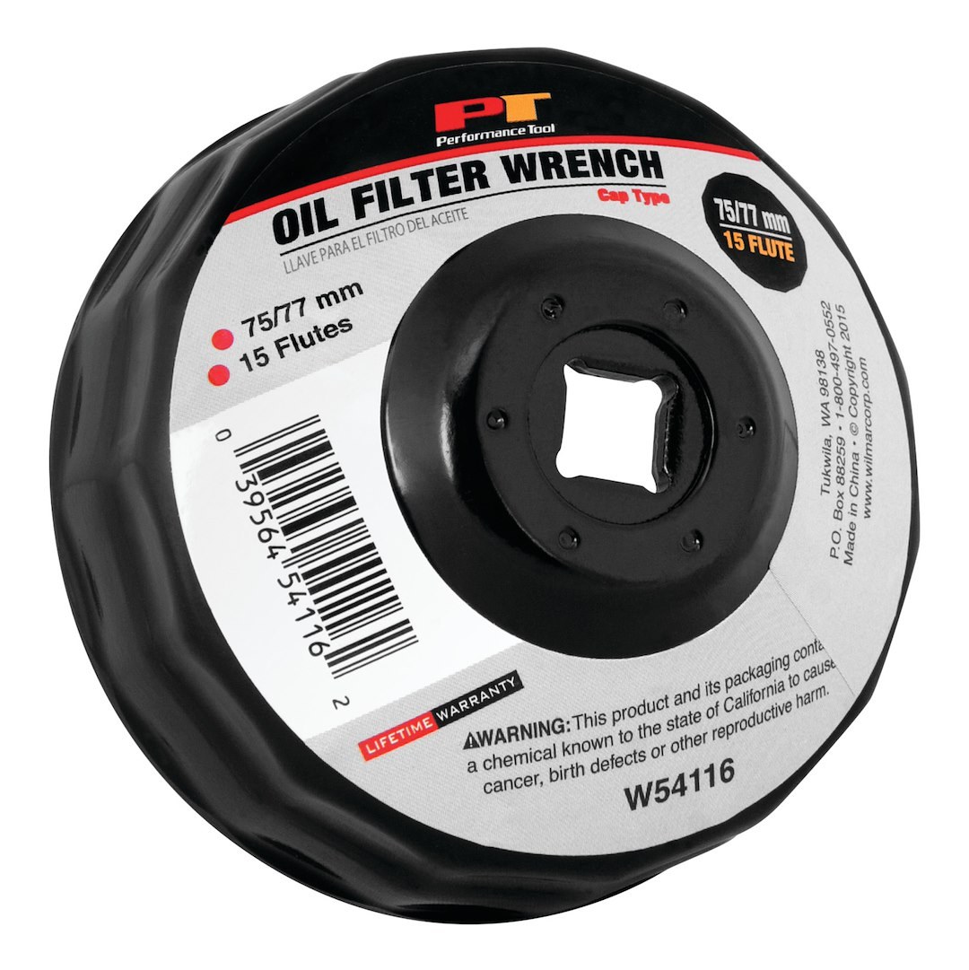 Performance Tool Oil Filter Wrench, Fits Multiple Brands of Oil Filters, Cap Type, 75/77 Millimeter Size, 3/8 Inch Drive, Black, Steel – W54116