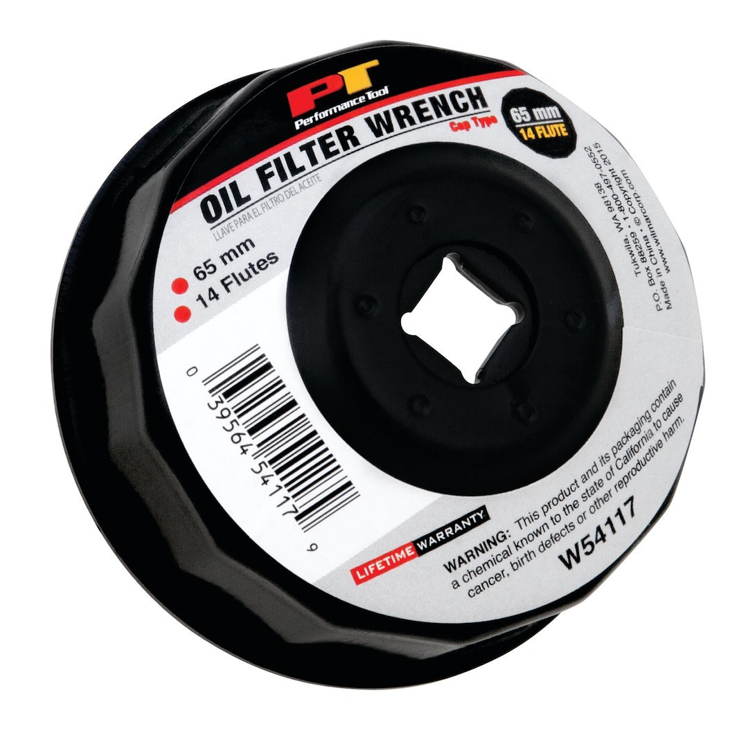 Performance Tool Oil Filter Wrench, Fits Multiple Brands of Oil Filters, Cap Type, 65 Millimeter Size, 3/8 Inch Drive, Black, Steel – W54117