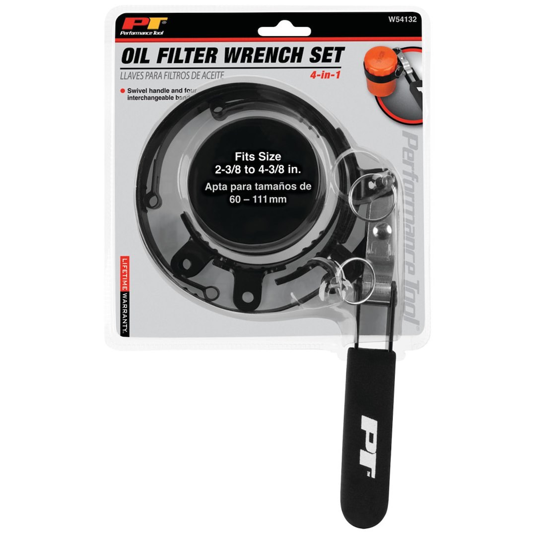 Performance Tool Oil Filter Wrench, Round, Fits Filters from 2-3/8 Inch Diameter to 4-3/8 Inch Diameter, Interchangeable Bands, Black – W54132