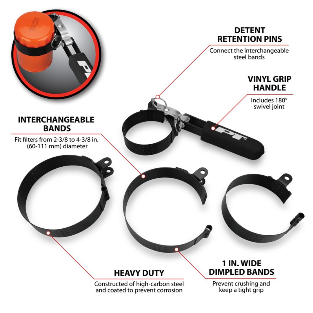 Performance Tool Oil Filter Wrench, Round, Fits Filters from 2-3/8 Inch Diameter to 4-3/8 Inch Diameter, Interchangeable Bands, Black – W54132