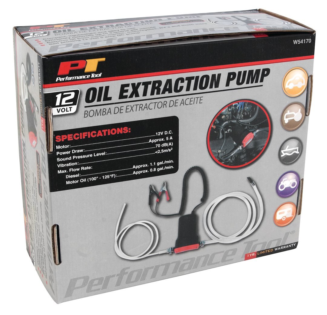 Performance Tool Oil Changing Pump, 12 Volt Self Priming DC Pump, 5 Amp, 3 Quart Per Minute Transfer Rate – W54170