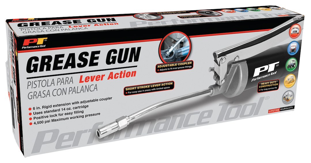 Performance Tool Grease Gun, Use with 14 Ounce Grease Cartridge, Chrome Plated Lever Action Arm, 10000 PSI Working Pressure – W54201