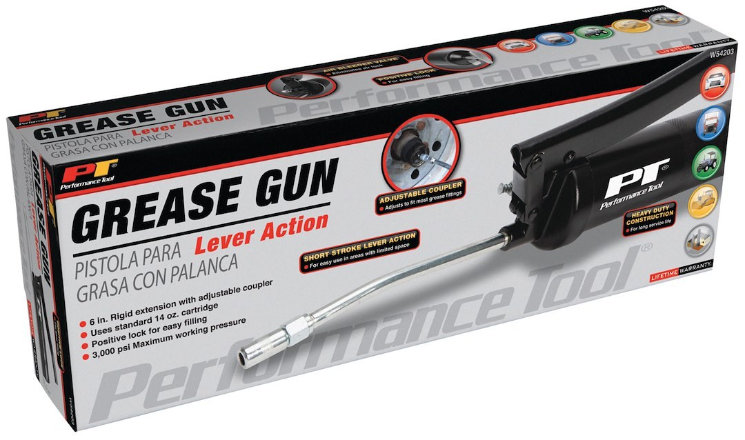 Performance Tool Grease Gun, Use with 14 Ounce Grease Cartridge, Chrome Plated Lever Action Arm, 6000 PSI Working Pressure – W54203