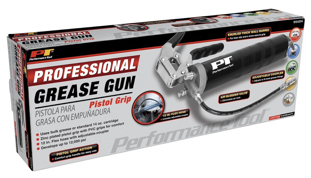 Performance Tool Grease Gun, Use with 14 Ounce Grease Cartridge, Chrome Plated Lever Action Arm, 7000 PSI Working Pressure – W54204