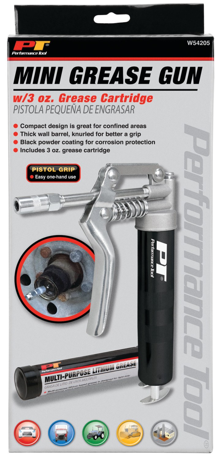 Performance Tool Grease Gun, Use with 3 Ounce Grease Cartridge, Chrome Plated Arm, 4500 PSI Working Pressure/ with 3 Ounce Grease Cartridge – W54205