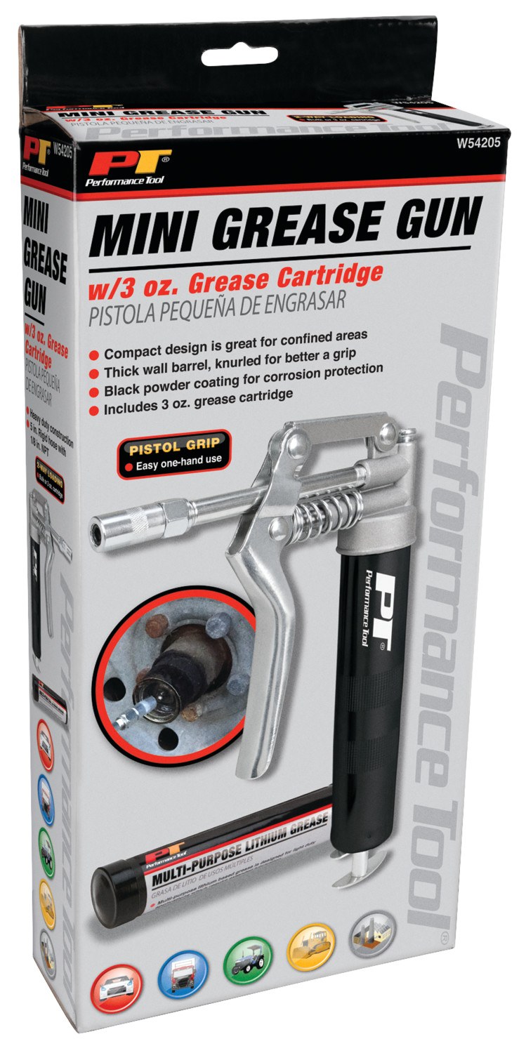 Performance Tool Grease Gun, Use with 3 Ounce Grease Cartridge, Chrome Plated Arm, 4500 PSI Working Pressure/ with 3 Ounce Grease Cartridge – W54205
