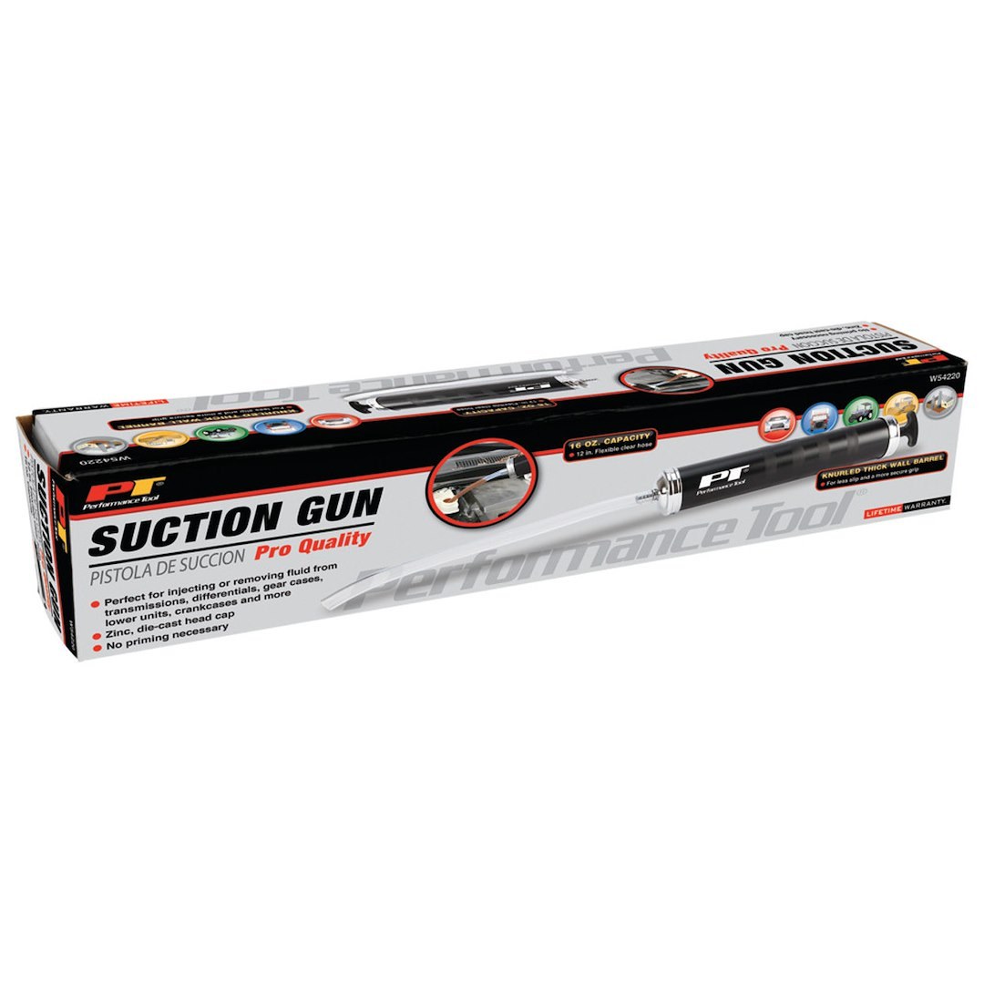 Performance Tool Suction Gun, Use to Remove Fluid from Transmissions/ Differentials/ Gear Cases/ Crankcases, 1 Pint Capacity, Chrome Plated – W54220