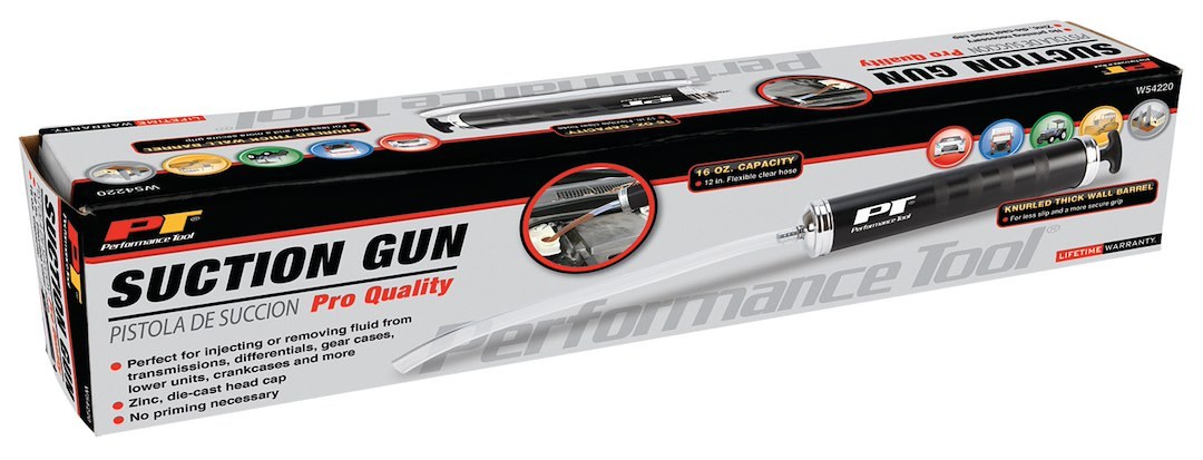 Performance Tool Suction Gun, Use to Remove Fluid from Transmissions/ Differentials/ Gear Cases/ Crankcases, 1 Pint Capacity, Chrome Plated – W54220