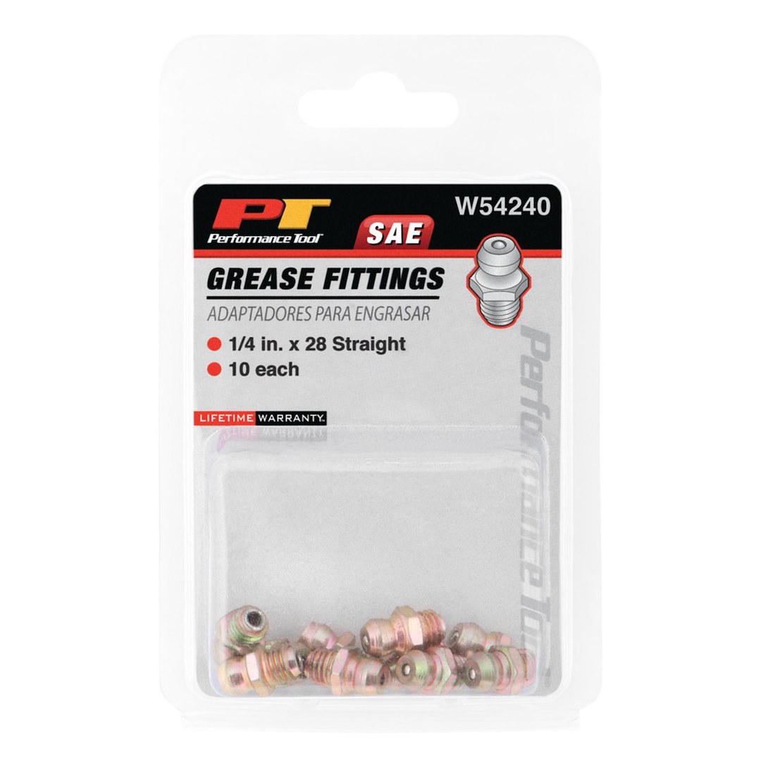Performance Tool Grease Fitting, 1/4 Inch – 28 Thread Short Straight, Set of 10 – W54240