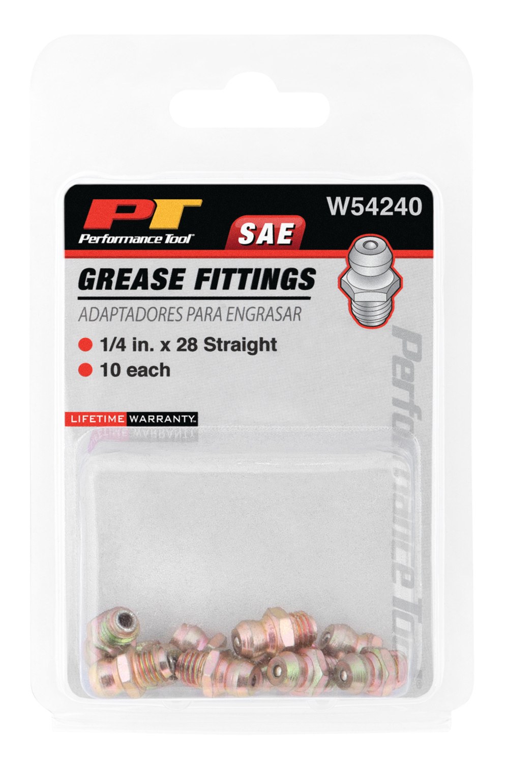 Performance Tool Grease Fitting, 1/4 Inch – 28 Thread Short Straight, Set of 10 – W54240