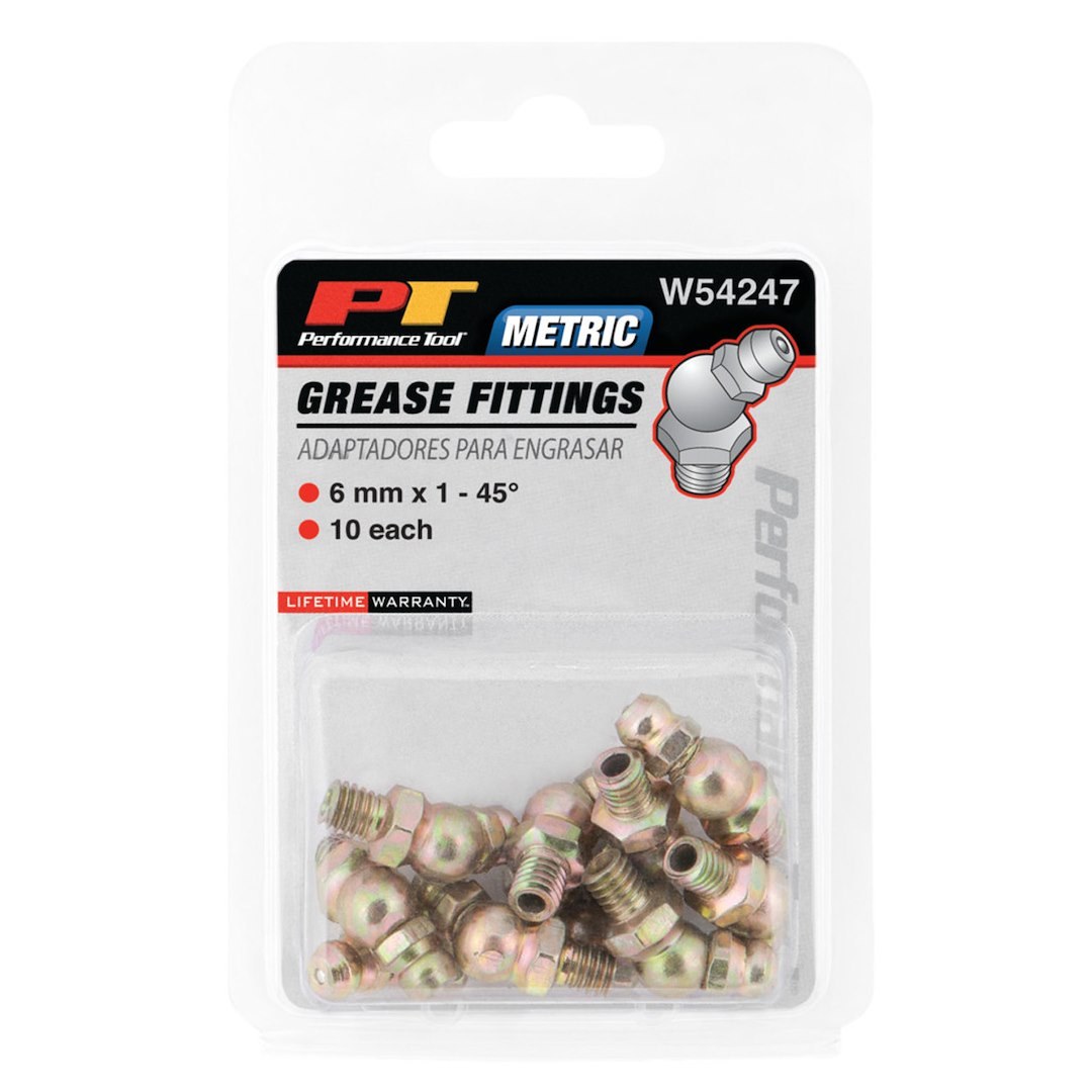 Performance Tool Grease Fitting, 6 Millimeter – 1 Thread 45 Degree, Set of 10 – W54247